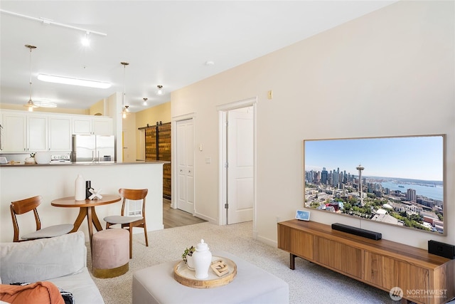 530 4th Ave W Unit 405, Seattle, WA 98119 - living area with a barn door, track lighting, and light carpet