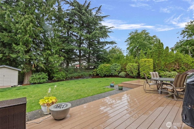 4015 E Broadway St, Mount Vernon, WA 98274 - wooden deck with a storage shed and a yard