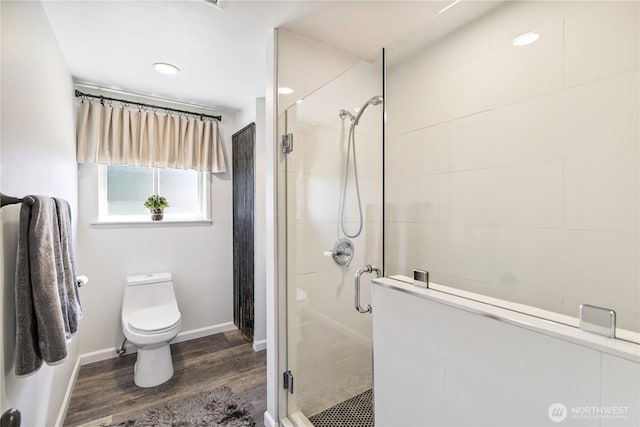 2426 Haines St, Port Townsend, WA 98368 - bathroom featuring a shower stall and wood finished floors