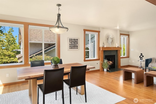 11226 NE 67th St, Kirkland, WA 98033 - dining area featuring light wood-type flooring and a fireplace with flush hearth