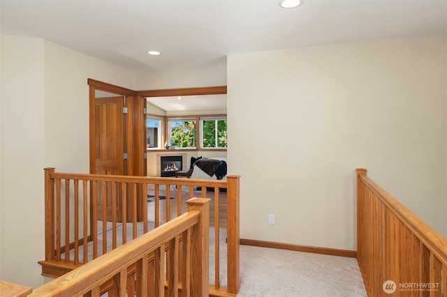 11226 NE 67th St, Kirkland, WA 98033 - hallway with an upstairs landing, light carpet, and recessed lighting
