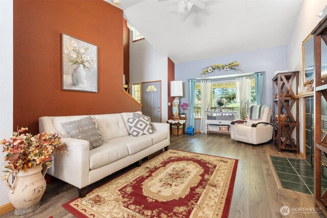 103 Nikula Rd W, Winlock, WA 98596 - living room featuring wood finished floors, ceiling fan, and lofted ceiling