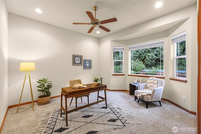 8 Southern Ct, Bellingham, WA 98229 - office area featuring carpet floors, ceiling fan, and recessed lighting