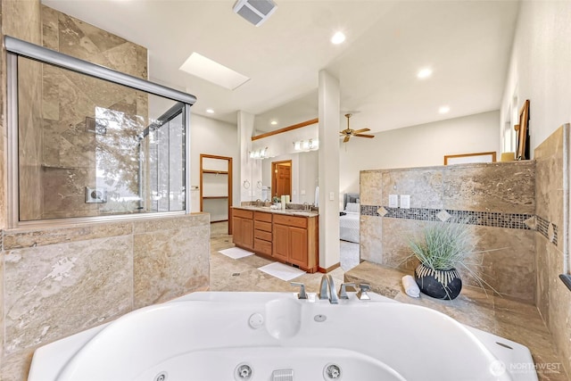 8 Southern Ct, Bellingham, WA 98229 - bathroom with a jetted tub, vanity, a shower stall, a ceiling fan, and recessed lighting