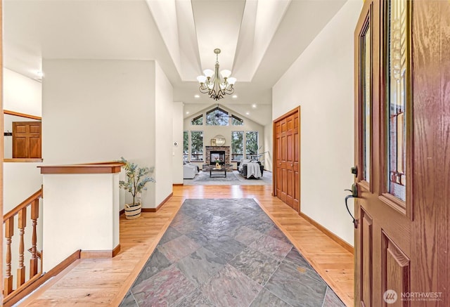 8 Southern Ct, Bellingham, WA 98229 - foyer entrance featuring a chandelier, recessed lighting, light wood-type flooring, and lofted ceiling