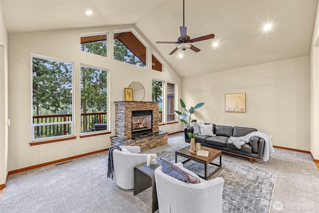 8 Southern Ct, Bellingham, WA 98229 - living area featuring a ceiling fan, carpet flooring, a fireplace, high vaulted ceiling, and recessed lighting