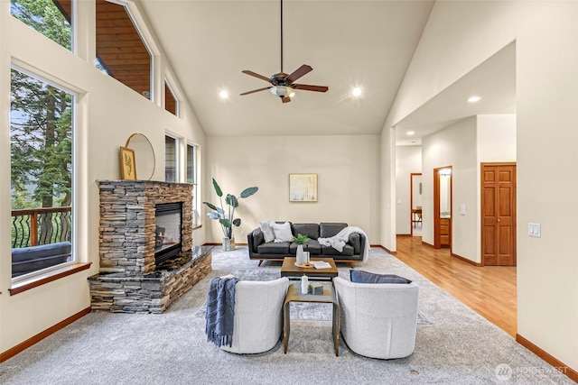 8 Southern Ct, Bellingham, WA 98229 - living room with a ceiling fan, a fireplace, high vaulted ceiling, recessed lighting, and wood finished floors