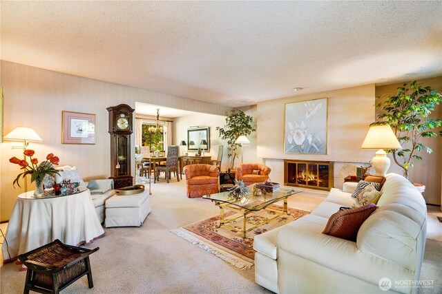 3500 SW 325th St, Federal Way, WA 98023 - carpeted living room with a textured ceiling and a glass covered fireplace