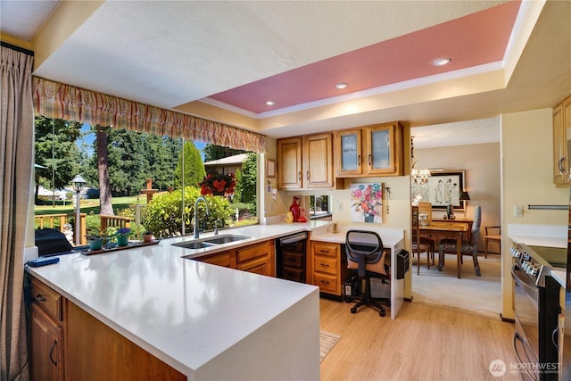 3500 SW 325th St, Federal Way, WA 98023 - kitchen with stainless steel electric stove, a peninsula, light countertops, a raised ceiling, and black dishwasher