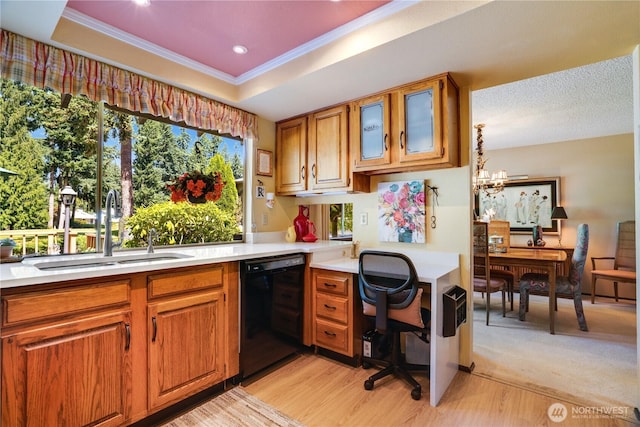 3500 SW 325th St, Federal Way, WA 98023 - kitchen with black dishwasher, light countertops, ornamental molding, a desk, and light wood-type flooring