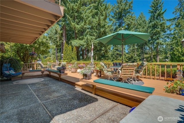 3500 SW 325th St, Federal Way, WA 98023 - view of patio featuring outdoor dining area, a wooden deck, and view of wooded area