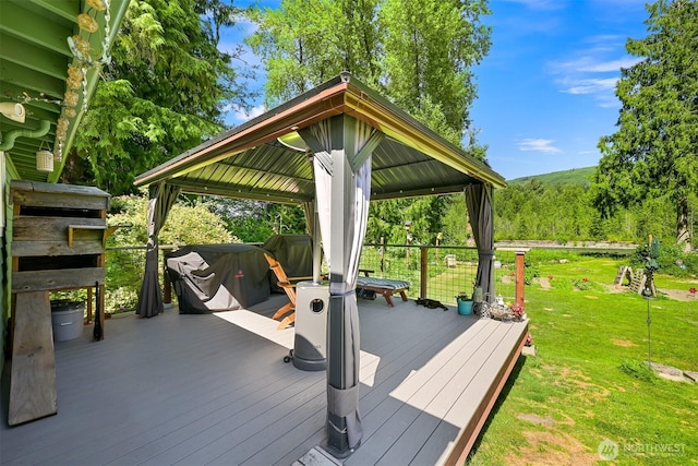 6070 Saxon Rd, Acme, WA 98220 - wooden deck with a gazebo, a yard, and a grill