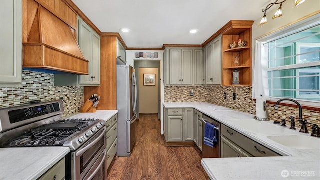 16621 148th Ave SE, Renton, WA 98058 - kitchen with stainless steel appliances, custom range hood, open shelves, dark wood-type flooring, and decorative backsplash
