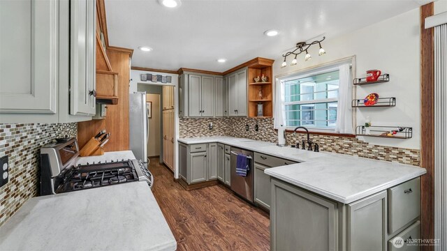 16621 148th Ave SE, Renton, WA 98058 - kitchen featuring open shelves, stainless steel appliances, gray cabinetry, backsplash, and recessed lighting
