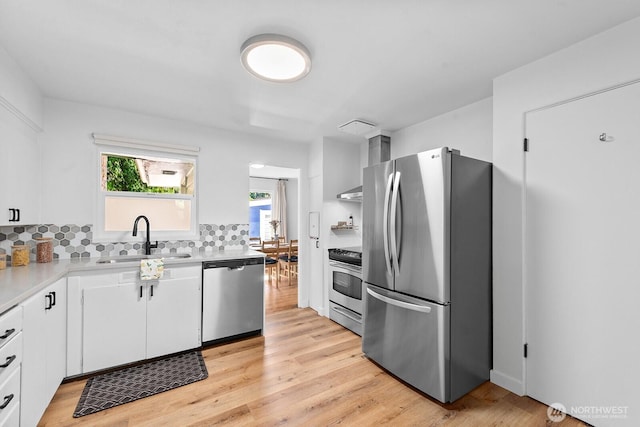 1528 NE 166th St, Shoreline, WA 98155 - kitchen featuring stainless steel appliances, light countertops, tasteful backsplash, white cabinets, and light wood-type flooring