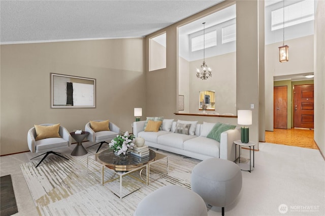 2514 174th Ave NE, Redmond, WA 98052 - living room featuring a chandelier, high vaulted ceiling, carpet, and a textured ceiling