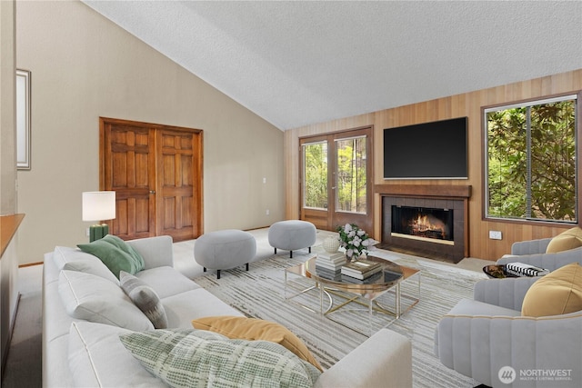 2514 174th Ave NE, Redmond, WA 98052 - living room featuring a textured ceiling, a fireplace, plenty of natural light, and high vaulted ceiling