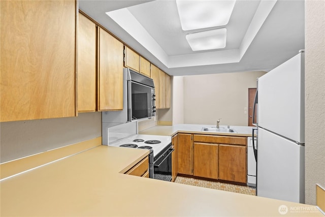 2514 174th Ave NE, Redmond, WA 98052 - kitchen featuring white appliances, light countertops, and a tray ceiling