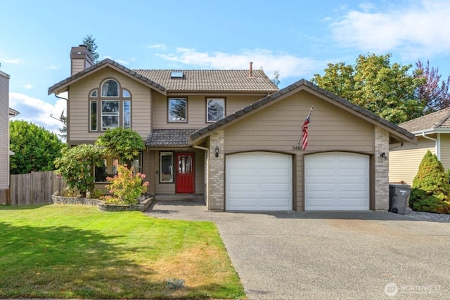 34801 30th Ave SW, Federal Way, WA 98023 - view of front facade featuring asphalt driveway, a tiled roof, an attached garage, and a chimney