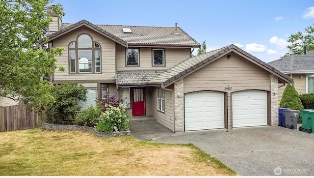 34801 30th Ave SW, Federal Way, WA 98023 - view of front facade with a chimney, concrete driveway, an attached garage, and a tiled roof