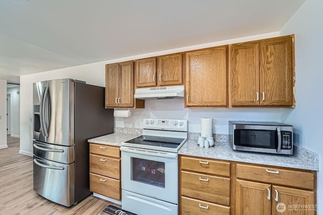 721 S 304th St, Federal Way, WA 98003 - kitchen with appliances with stainless steel finishes, under cabinet range hood, brown cabinets, and light countertops