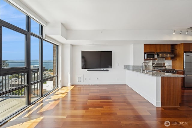 2911 2nd Ave Unit 1117, Seattle, WA 98121 - unfurnished living room featuring wood finished floors, healthy amount of natural light, and a water view