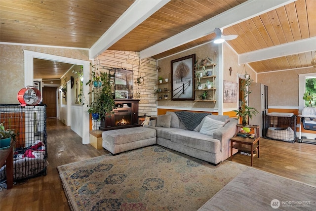 22616 88th Ave W, Edmonds, WA 98026 - living room with wood finished floors, wooden ceiling, and a fireplace