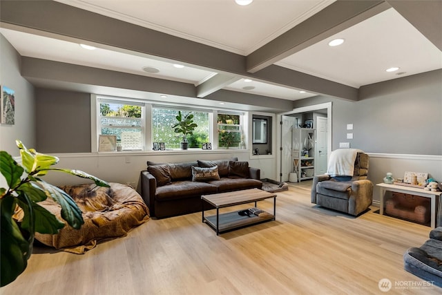22616 88th Ave W, Edmonds, WA 98026 - living area with beamed ceiling, light wood finished floors, ornamental molding, and recessed lighting