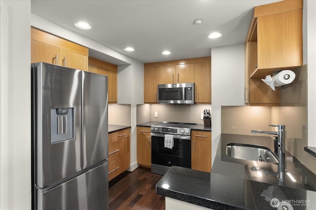 1415 2nd Ave NE Unit 1801, Seattle, WA 98101 - kitchen featuring stainless steel appliances, dark countertops, dark wood-style flooring, recessed lighting, and open shelves