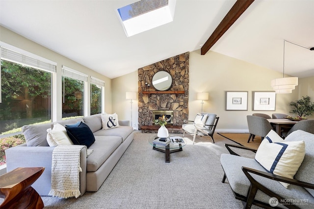 207 215th St SE, Bothell, WA 98021 - carpeted living area with a skylight and a stone fireplace