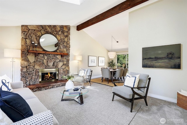 207 215th St SE, Bothell, WA 98021 - living room with beam ceiling, a fireplace, carpet, and high vaulted ceiling