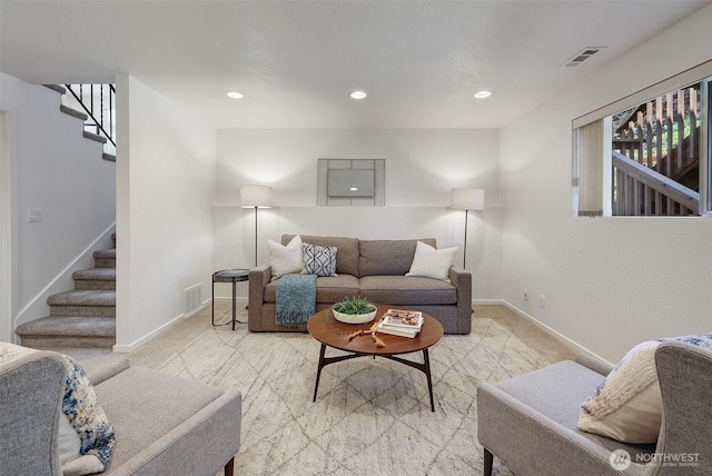 207 215th St SE, Bothell, WA 98021 - living area featuring stairway, recessed lighting, and carpet