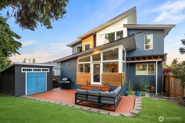 7503 32nd Ave NE, Seattle, WA 98115 - rear view of property featuring a deck, a shed, and outdoor lounge area
