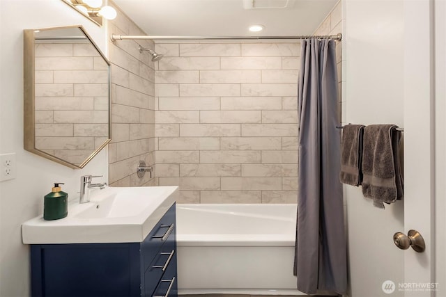 7503 32nd Ave NE, Seattle, WA 98115 - bathroom featuring vanity and shower / bath combo with shower curtain