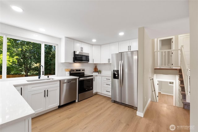 31228 47th Pl SW, Federal Way, WA 98023 - kitchen featuring appliances with stainless steel finishes, light wood-style floors, white cabinetry, light countertops, and recessed lighting