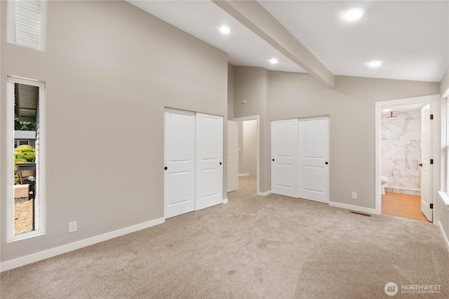 31228 47th Pl SW, Federal Way, WA 98023 - unfurnished bedroom with carpet floors, high vaulted ceiling, recessed lighting, beamed ceiling, and ensuite bath