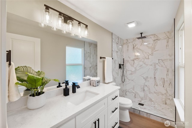 31228 47th Pl SW, Federal Way, WA 98023 - full bath featuring vanity, a marble finish shower, and wood finished floors