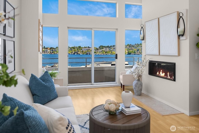 2400 8th Ave N Unit 2, Seattle, WA 98109 - living room with wood finished floors, a water view, and a glass covered fireplace