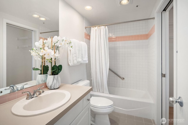 2400 8th Ave N Unit 2, Seattle, WA 98109 - bathroom with vanity, shower / bath combo, tile patterned floors, and recessed lighting