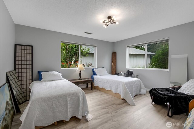 6808 243rd Ave E, Buckley, WA 98321 - bedroom with multiple windows, light wood-style floors, and a chandelier