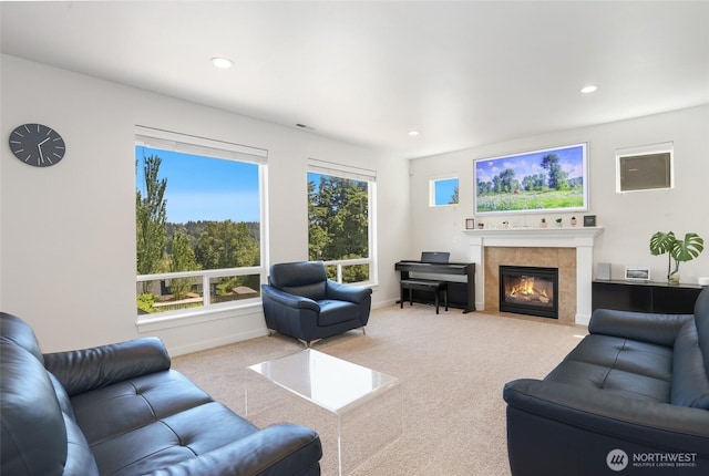 6821 9th St E, Fife, WA 98424 - living room with carpet floors, a fireplace, and recessed lighting