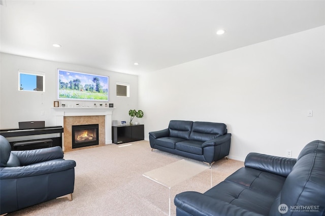 6821 9th St E, Fife, WA 98424 - carpeted living area featuring a fireplace and recessed lighting