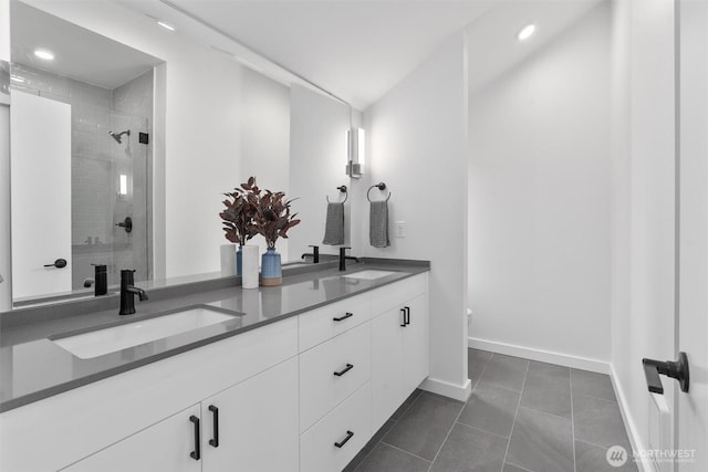 1327 N 185th St Unit A, Shoreline, WA 98133 - full bath featuring double vanity, tile patterned floors, a stall shower, and recessed lighting