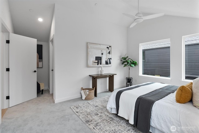 1327 N 185th St Unit A, Shoreline, WA 98133 - carpeted bedroom featuring high vaulted ceiling and ceiling fan