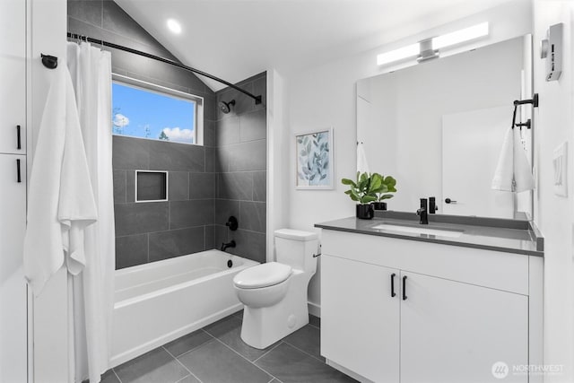 1327 N 185th St Unit A, Shoreline, WA 98133 - full bathroom featuring vanity, shower / bath combo, vaulted ceiling, and tile patterned floors