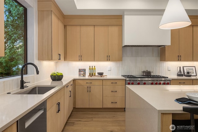 15734 SE 25th St, Bellevue, WA 98008 - kitchen featuring light brown cabinets, appliances with stainless steel finishes, light countertops, and backsplash
