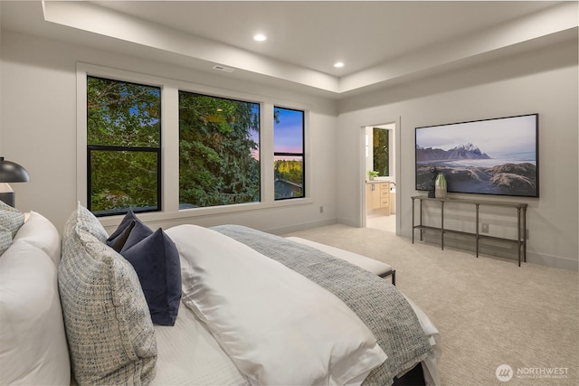 15734 SE 25th St, Bellevue, WA 98008 - carpeted bedroom with a raised ceiling, recessed lighting, and connected bathroom