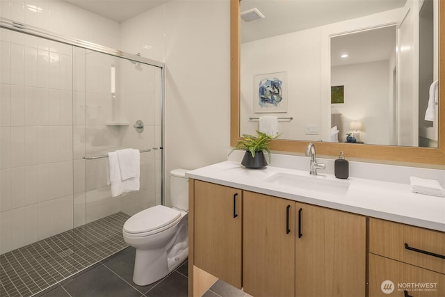 15734 SE 25th St, Bellevue, WA 98008 - bathroom with vanity, a stall shower, tile patterned floors, and recessed lighting