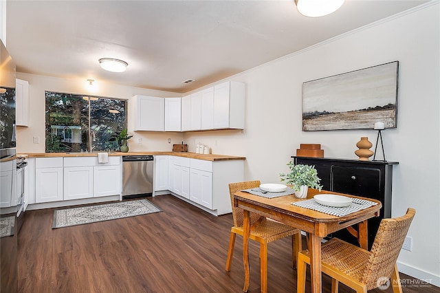 20632 76th Ave W Unit 4, Edmonds, WA 98026 - kitchen with dishwasher, white cabinetry, dark wood-style flooring, wood counters, and crown molding