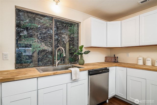 20632 76th Ave W Unit 4, Edmonds, WA 98026 - kitchen featuring wooden counters, dishwasher, white cabinets, and dark wood finished floors